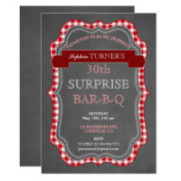 Rustic Chalk Gingham Surprise Birthday BBQ Invite