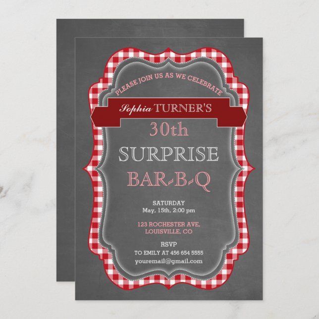 Rustic Chalk Gingham Surprise Birthday BBQ Invite (Front/Back)