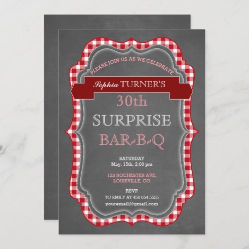 Rustic Chalk Gingham Surprise Birthday BBQ Invite