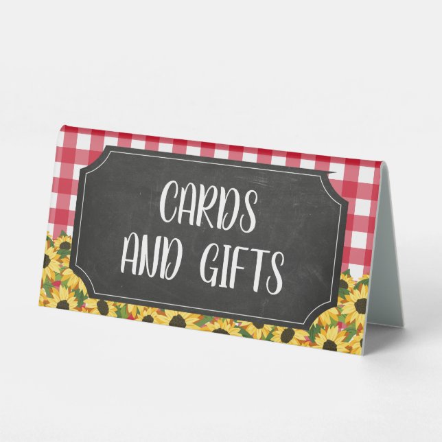 Rustic Chalk Red Gingham Sunflowers Cards & Gifts Table Tent (Front)