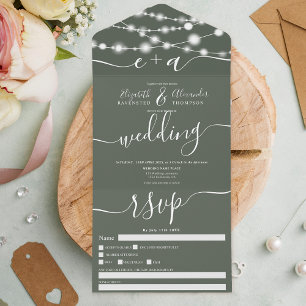 Rustic chalk string lights initials script wedding all in one invitation