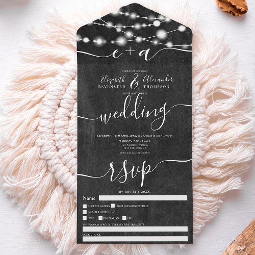 Rustic chalk string lights initials script wedding all in one invitation