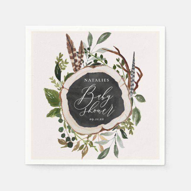 Rustic chalk + wood slice baby shower party napkins (Front)