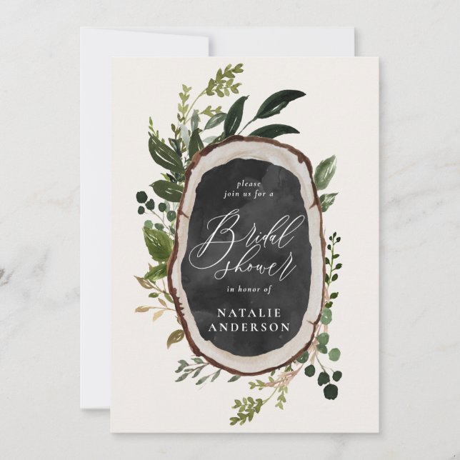 Rustic chalk + wood slice bridal shower invitation (Front)