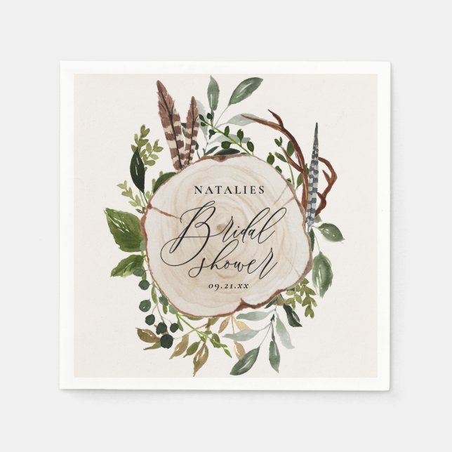 Rustic chalk + wood slice bridal shower party napkins (Front)