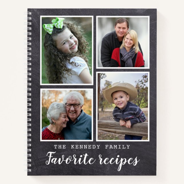 Rustic Chalkboard 4 Photo Collage Family Recipes Notebook (Front)