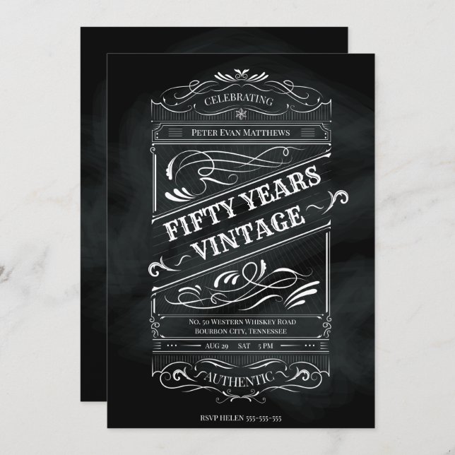 Rustic Chalkboard 50th Birthday Man Vintage Invitation (Front/Back)