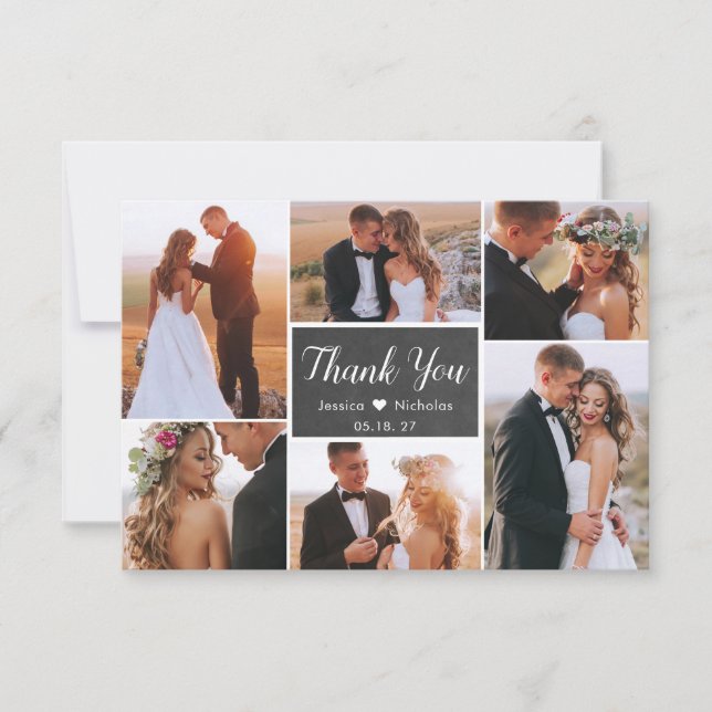 Rustic Chalkboard 6 Photo Collage Script Wedding Thank You Card (Front)