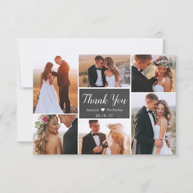 Rustic Chalkboard 6 Photo Collage Script Wedding Thank You Card | Zazzle