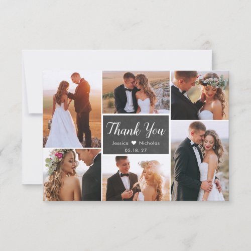 Rustic Chalkboard 6 Photo Collage Script Wedding Thank You Card