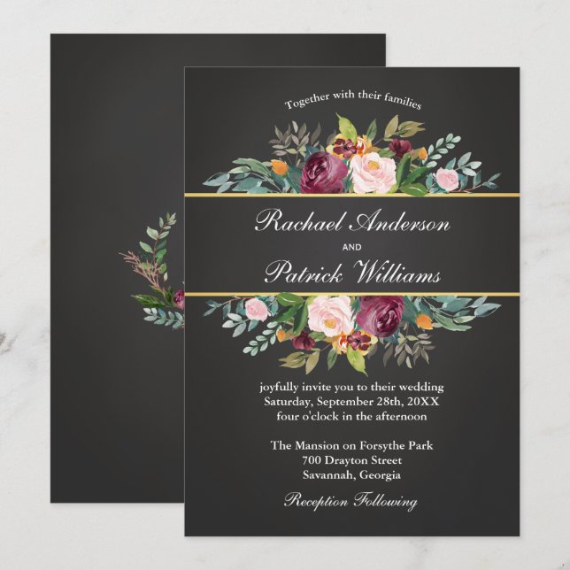 Rustic Chalkboard and Floral Wedding Invitation (Front/Back)