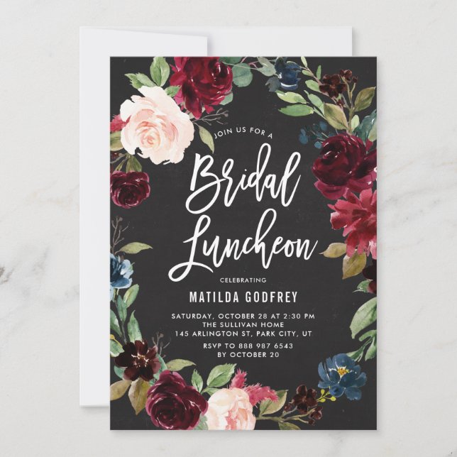 Rustic Chalkboard Autumn Floral Bridal Luncheon Invitation (Front)