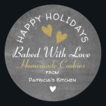 Rustic Chalkboard Baked With Love Holiday Cookies Classic Round Sticker<br><div class="desc">Baked With love stickers for your homemade cookies gift bags this holiday season. Personalize with your name.</div>