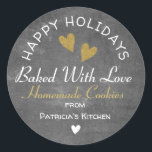 Rustic Chalkboard Baked With Love Holiday Cookies Classic Round Sticker<br><div class="desc">Baked With love stickers for your homemade cookies gift bags this holiday season. Personalize with your name.</div>