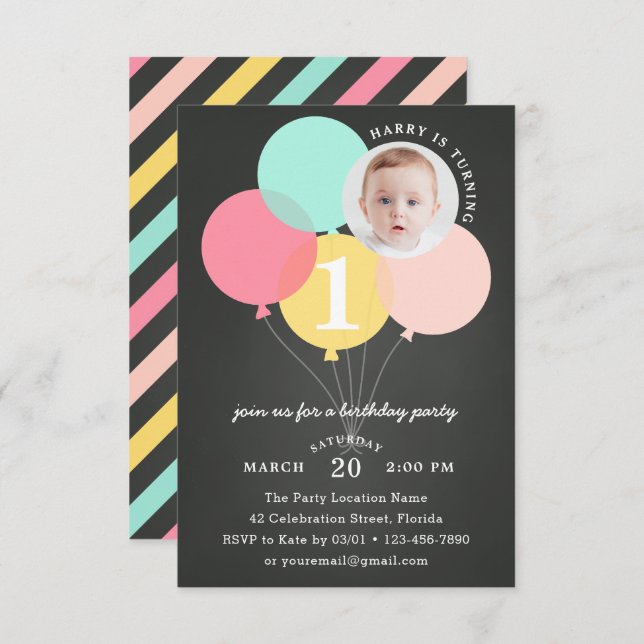 Rustic Chalkboard Balloon First 1st Photo Birthday Invitation (Front/Back)