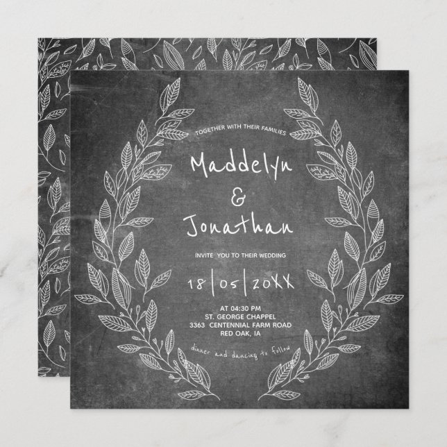 Rustic Chalkboard Black White Floral Weddin Invitation (Front/Back)