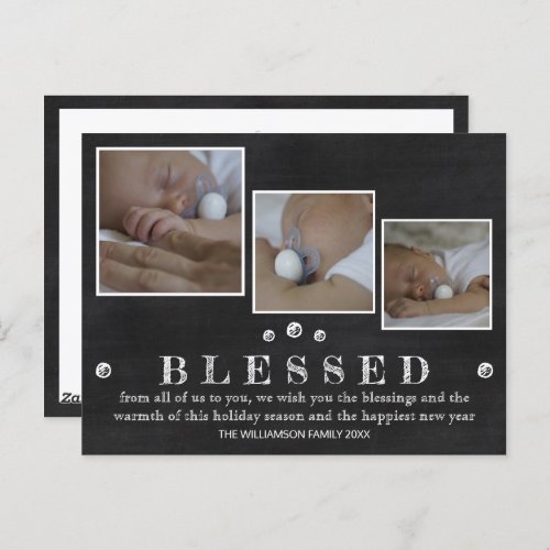 Rustic Chalkboard Blessed Chic 3 Photo Holiday Postcard