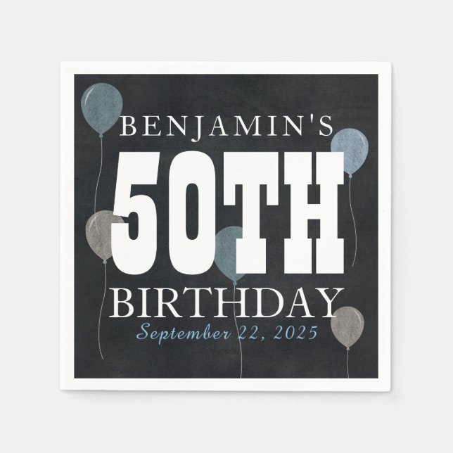 Rustic Chalkboard Blue Balloon Modern Birthday Napkins (Front)