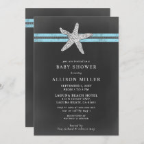 Rustic Chalkboard Blue Starfish Beach Baby Shower Invitation