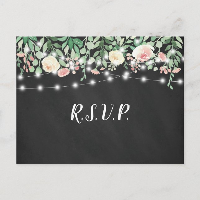 Rustic Chalkboard Blush Floral Lights wedding rsvp Invitation Postcard (Front)