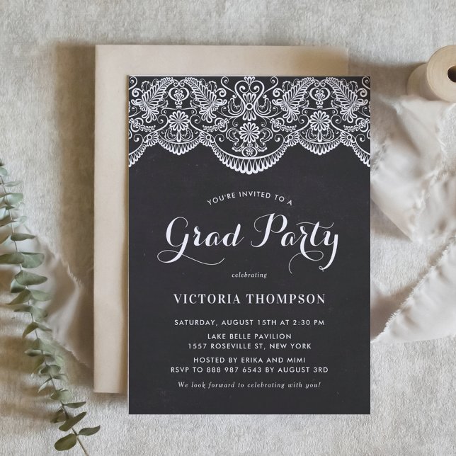 Rustic Chalkboard Brocade Lace Graduation Party Invitation (Customizable rustic graduation invitation featuring white lace and faux chalkboard background.)