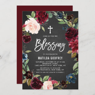 Rustic Chalkboard Burgundy Floral Wreath Blessing Invitation