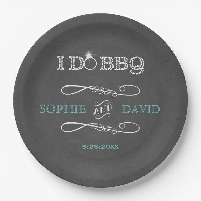 Rustic Chalkboard Burlap I DO BBQ Engagement Party Paper Plates (Front)