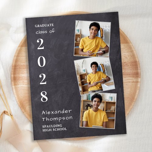 Rustic Chalkboard Customized 3 Photo Graduation Announcement Postcard