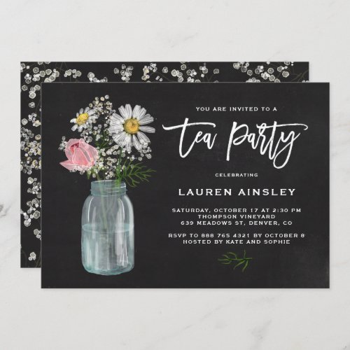 Rustic Chalkboard Daisy in Mason Jar Tea Party Invitation