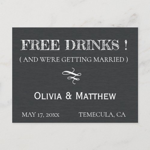Rustic Chalkboard Deco FREE DRINKS Save the Date Announcement Postcard