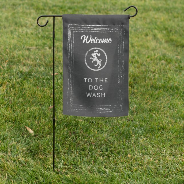 Rustic chalkboard dog wash logo garden flag (In SItu)