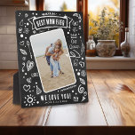 Rustic Chalkboard Doodle Photo Best Mom Ever Plaque<br><div class="desc">Capture your mom's essence with our 'Fun modern chalkboard doodle photo 'Best Mom Ever' Keepsake Plaque! This unique plaque features a rustic chalkboard and white doodles that make it a delightful piece of home decoration. Upload your favorite photo, personalize it, and create an unforgettable present for the queen of your...</div>
