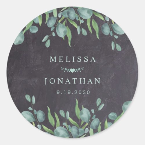  Rustic Chalkboard Eucalyptus Greenery Wedding Classic Round Sticker