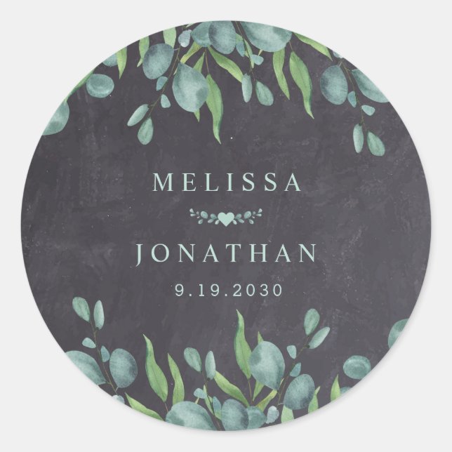  Rustic Chalkboard Eucalyptus Greenery Wedding Classic Round Sticker (Front)