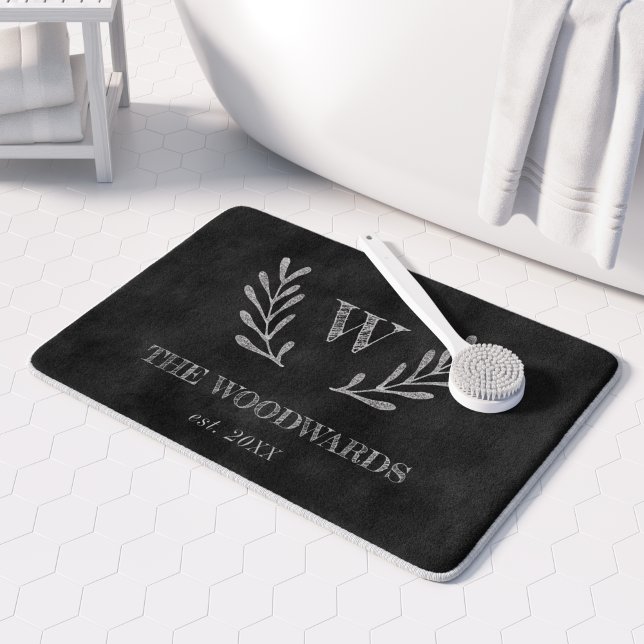 Rustic Chalkboard Family Monogram Laurel Wreath Bath Mat (Creator Uploaded)