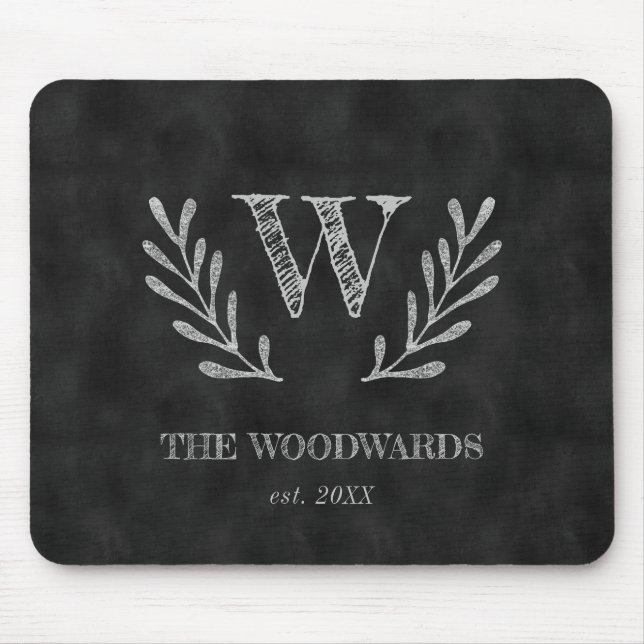 Rustic Chalkboard Family Monogram Laurel Wreath Mouse Pad (Front)