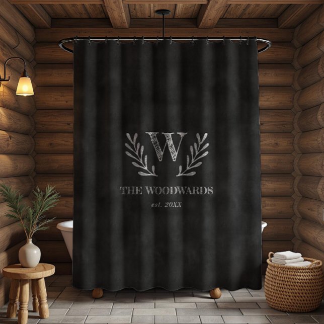 Rustic Chalkboard Family Monogram Laurel Wreath Shower Curtain (Creator Uploaded)