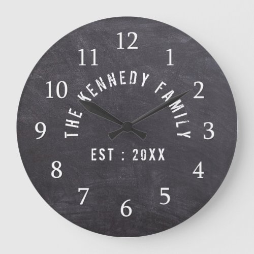 Rustic Chalkboard Farmhouse Family Name Large Clock