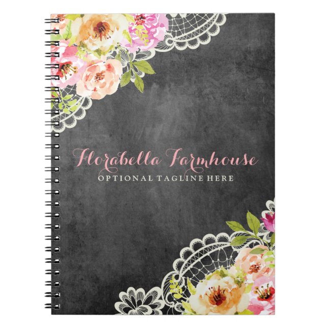 Rustic Chalkboard Farmhouse Roses Lace Shabby Chic Notebook (Front)