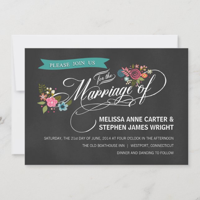 Rustic Chalkboard Floral Banner Wedding Invites (Front)