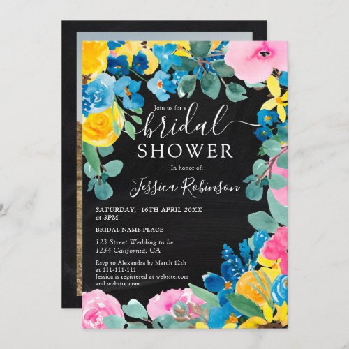 Rustic chalkboard floral photo bridal shower invitation