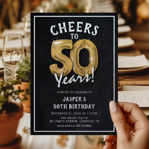 Rustic Chalkboard Gold Balloons 50th Birthday Invitation