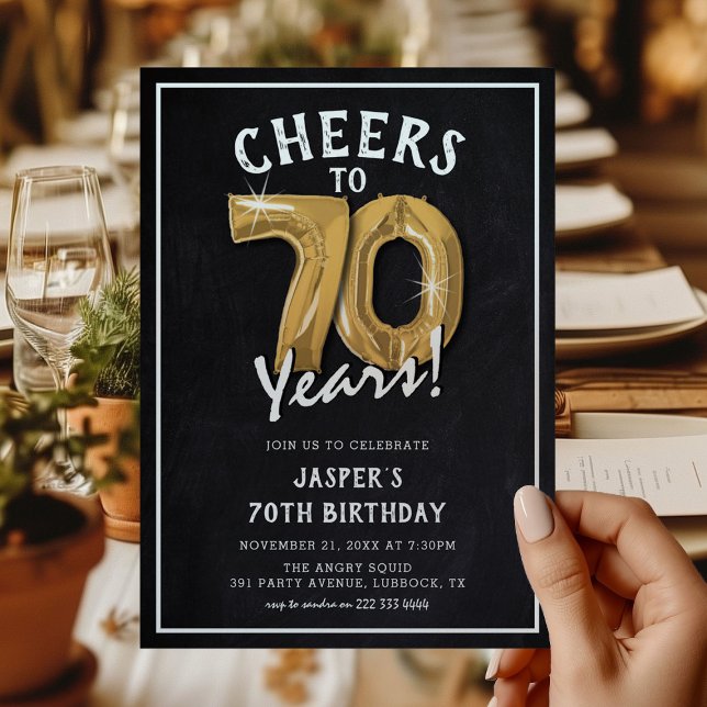 Rustic Chalkboard Gold Balloons 70th Birthday Invitation (Creator Uploaded)