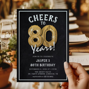 Rustic Chalkboard Gold Balloons 80th Birthday Invitation