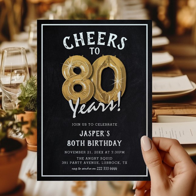Rustic Chalkboard Gold Balloons 80th Birthday Invitation (Creator Uploaded)