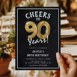 Rustic Chalkboard Gold Balloons 90th Birthday Invitation<br><div class="desc">Celebrating turning 90! These 90th birthday party invites are designed with the title 'Cheers to 90 Years!'. Featuring a rustic chalkboard background,  gold number ninety helium balloons,  trendy white typography and a simple birthday party template that is easy to customize.</div>