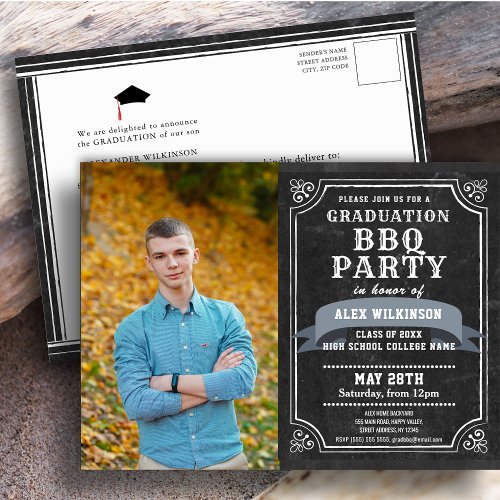 Rustic Chalkboard Graduation BBQ Party Invitation Postcard