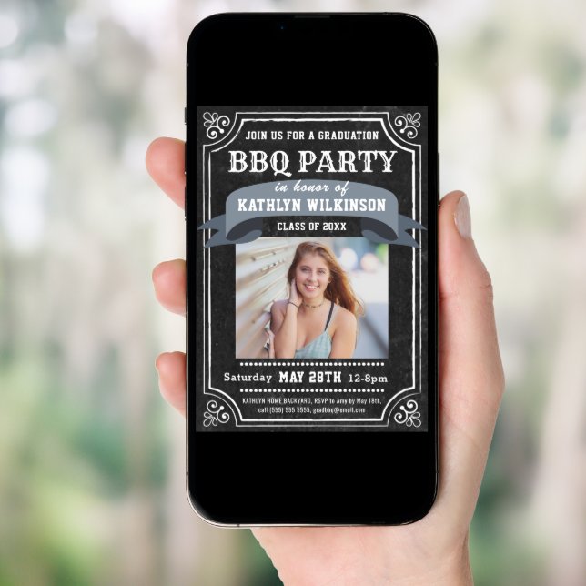 Rustic Chalkboard Graduation BBQ Party Photo Invitation (Front Digital)