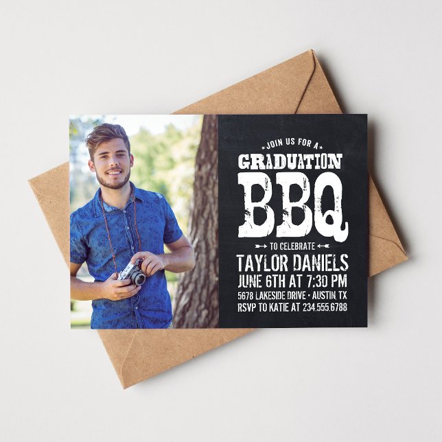 Rustic Chalkboard Graduation Photo BBQ Invitation (Creator Uploaded)