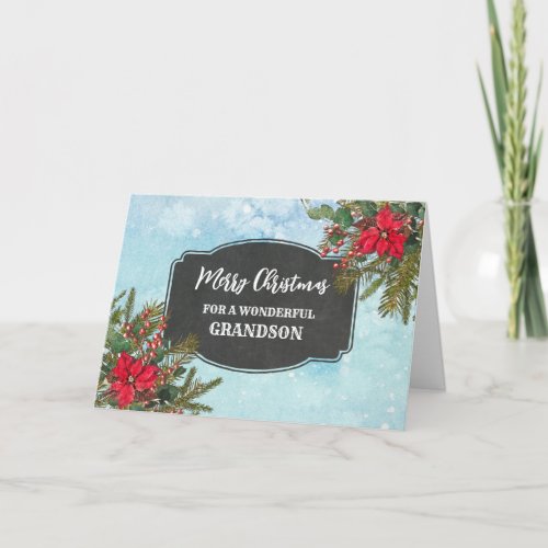 Rustic Chalkboard Grandson Merry Christmas Card